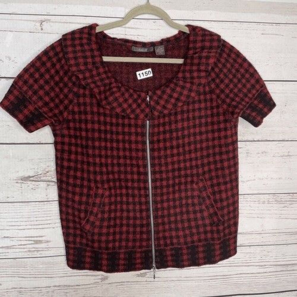 VTG Heather B‎ 100% Wool Knit Short Sleeve Full Zip Cardigan Women Size XL Red